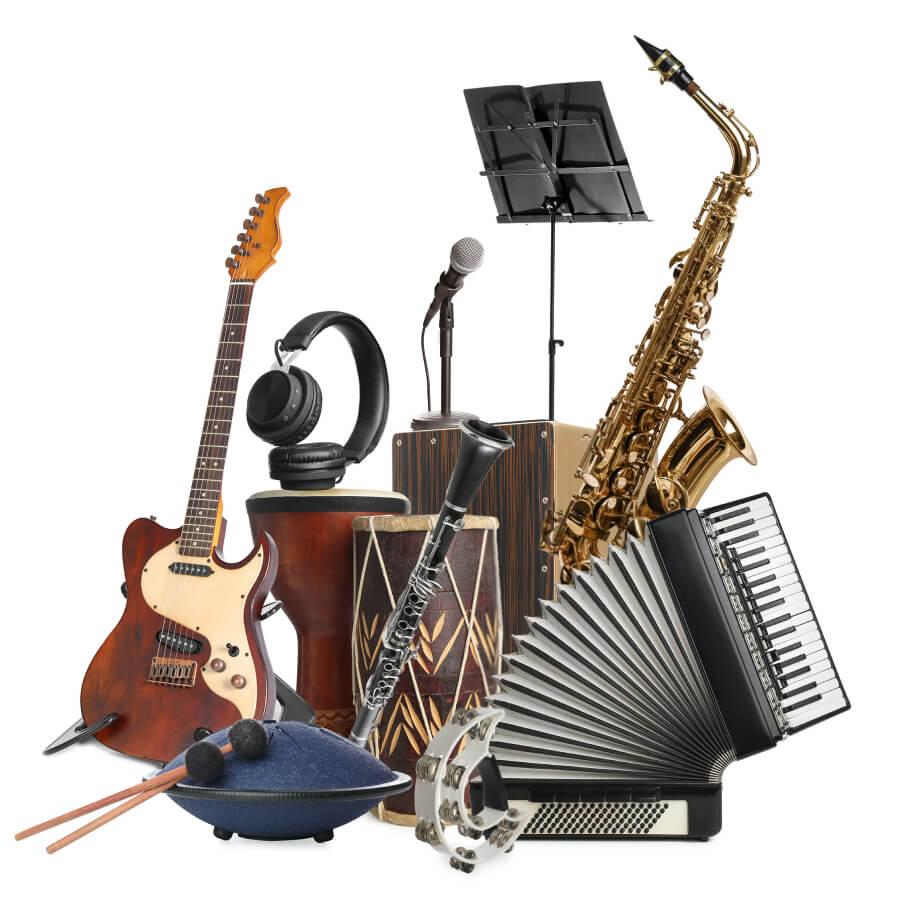 Group of different musical instruments on white background